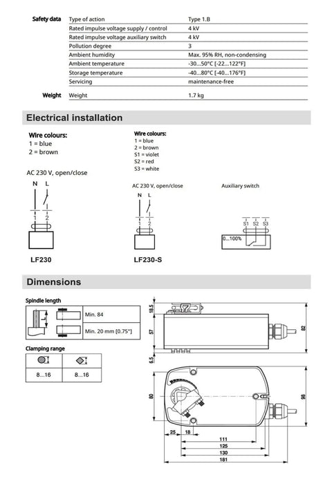 Heavy Duty AC 230V Motorized Damper Actuator wiring diagram and specifications for HVAC installation.