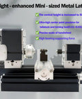 EssSthmy Height Enhanced Mini Lathe Machine 50mm Center Height showing precision tailstock, handwheel, and motor setup.