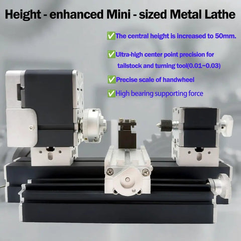 EssSthmy Height Enhanced Mini Lathe Machine 50mm Center Height showing precision tailstock, handwheel, and motor setup.