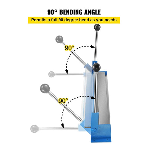 36 Inch Portable Sheet Metal Bending Brake With Heavy Duty Steel Body And Dual Handles; 90 degree bending angle shown with levers.