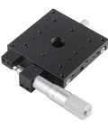 Top Shelf X Axis Manual Slide Table Featuring External Digital Micrometer Dial Control 80x80mm Roller Base Black Anodized Aluminum Build, showing dial and mounting holes.