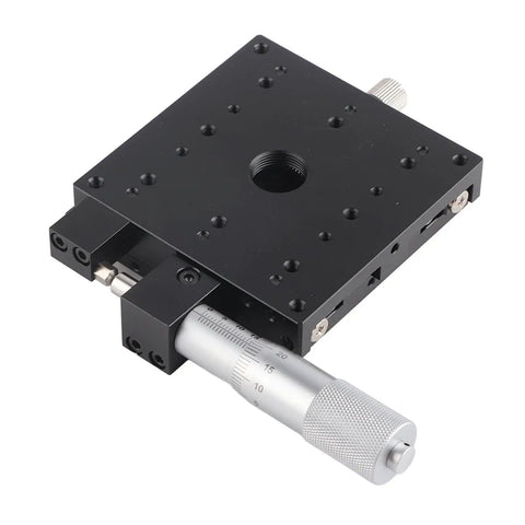 Top Shelf X Axis Manual Slide Table Featuring External Digital Micrometer Dial Control 80x80mm Roller Base Black Anodized Aluminum Build, showing dial and mounting holes.