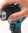 Close-up of Workhorse Compact Cordless Driver Drill Kit featuring slick half inch keyless chuck during use.