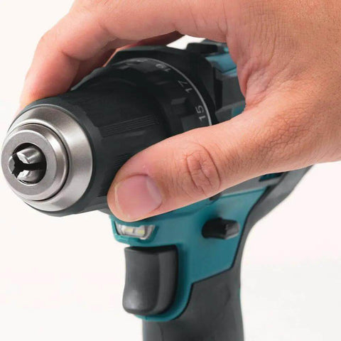 Close-up of Workhorse Compact Cordless Driver Drill Kit featuring slick half inch keyless chuck during use.