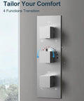 Control panel showing knobs for GRANDJOY 12" Ceiling Shower System with Handheld Spray, Brushed Nickel, featuring four functions.