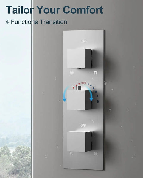 Control panel showing knobs for GRANDJOY 12" Ceiling Shower System with Handheld Spray, Brushed Nickel, featuring four functions.