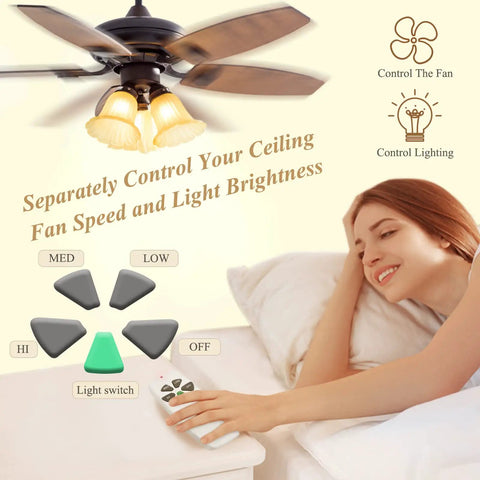 Woman using Universal Ceiling Fan Remote Kit With Light Dimmer And 3 Speed Control Includes FAN28R Receiver And Wall Mount