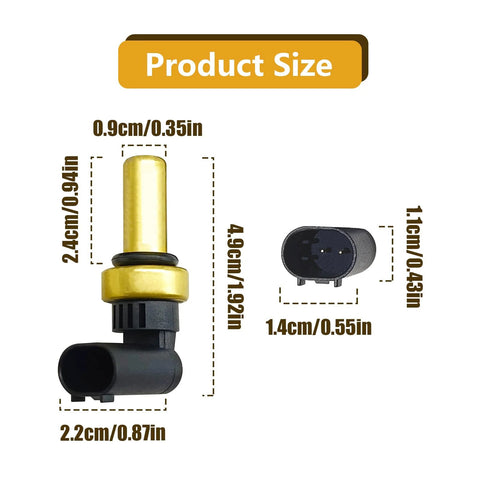 SYudwen coolant temperature sensor with gold metal body and black 2-pin connector, front view