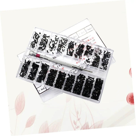 Straight Up Solid Black Screw Assortment Kit Featuring Portable Countersunk Round Head Fasteners displayed in a clear organizer.
