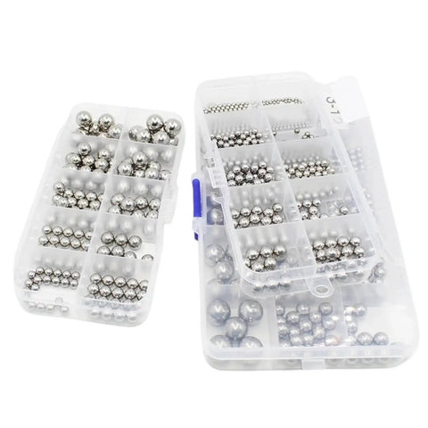 Stainless Steel Bearing Balls Kit With Pro Grade Precision Balls In Multiple Sizes 10 And 15 Includes 520 400 And 150 Pcs Sets For Smooth Operation And Durable Rust Resistant Performance In Precision Machining And DIY Hobby Projects. Plastic organizer with stainless steel bearing balls in multiple compartments.