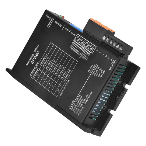 EP60 microstep motor driver module, black case with orange terminal block and LED indicators, front view