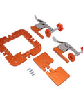 Precision Router Corner Radius Template Set R20 R25 R30 R35 With Secure Board Locking Clamp For Woodworking Slot Positioning Heavy Duty Steel Frame shown from above with orange anodized aluminum parts.