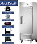 Heavy Duty Double Door Commercial Fridge, Rock Solid Stainless Steel Upright Cooler For Bars And Restaurants, No Sweat High Efficiency Cooling System, Pro Grade Professional Appliance 54 Inch 42 Cubic Feet, showcasing features like compressor and cooling fan.