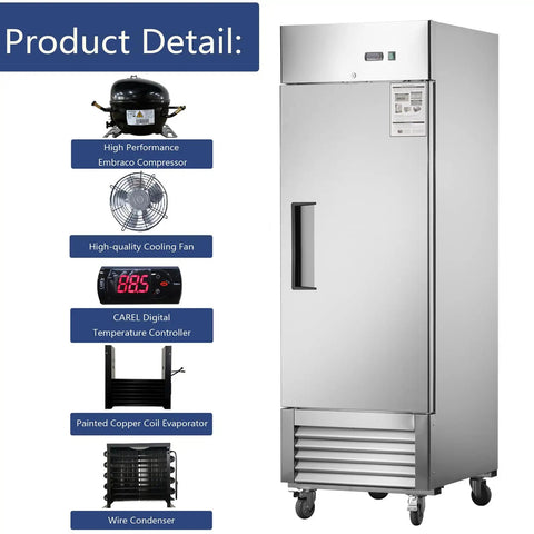 Heavy Duty Double Door Commercial Fridge, Rock Solid Stainless Steel Upright Cooler For Bars And Restaurants, No Sweat High Efficiency Cooling System, Pro Grade Professional Appliance 54 Inch 42 Cubic Feet, showcasing features like compressor and cooling fan.