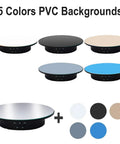 Electric Motorized Rotating Display Stand With Remote Control, 360 Degree Turntable For Photography Products Jewelry And Collectibles, 7.8 Inch Platform Includes Five Color Backgrounds and mirror cover displayed with sample backgrounds.