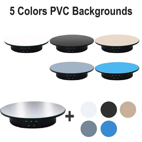 Electric Motorized Rotating Display Stand With Remote Control, 360 Degree Turntable For Photography Products Jewelry And Collectibles, 7.8 Inch Platform Includes Five Color Backgrounds and mirror cover displayed with sample backgrounds.