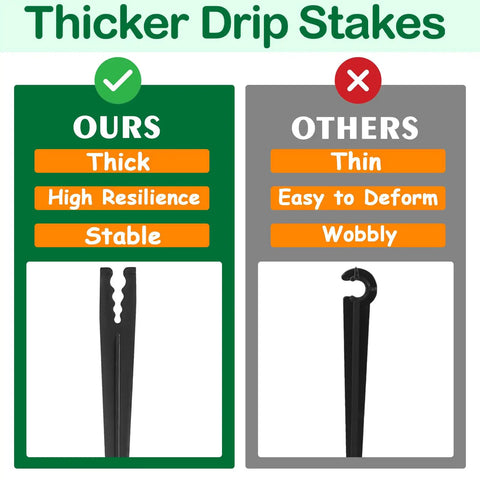 Comparison of thick, stable drip stakes with thin, wobbly ones. 100 Pieces Drip Irrigation Stakes For 1/4 Inch Tubing, 5.68 Inch