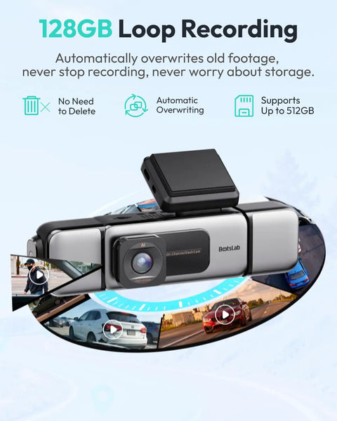 Crystal Clear 3K 4 Channel Dash Cam With 360 Degree All Sides View Front And Rear Inside Car Camera, showcasing loop recording feature