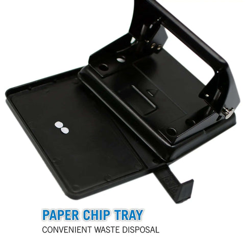 Two Hole Paper And Leather Puncher For Office And Home Use One Quarter Inch Circle Holes With Three Point One Four Inch Spacing open tray