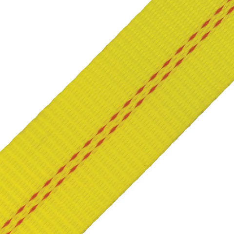 Close-up of yellow Beefy Heavy Duty Axle Tie Down Combo Straps, 2 inch by 114 inch, featuring durable material for secure hauls.