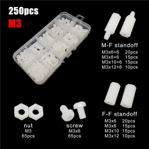 M3 Nylon Hex Spacer Columns Standoff Kit For PCBs And Motherboards White And Black 250 Pieces Four Sets Precise Component Spacing Screws Nuts Washers Bundle, white M3 parts set