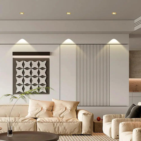 Top Notch Led Recessed Downlights 12 Pack 10W Flush Mount Ceiling Lights With Sleek Brass Trim illuminating modern living room decor.