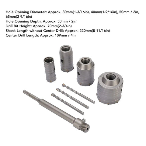 Ditch The Slow Drilling And Grab This Super Cool 5 Pcs Concrete Hole Saw Kit Made With Tough Tungsten Steel. It Has Smart Ventilation Holes For Fast Chip Removal So You Can Slice Through Brick, Cement Or Wall Like A Boss. Perfect For HVAC, Plumbing And. 5-piece tungsten steel hole saw kit with 30-65mm heads and SDS shank