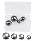 uxcell stainless steel bearing balls set in clear storage box; four balls sized 1 in, 7/8 in, 3/4 in, 5/8 in; 304 SS