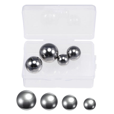uxcell stainless steel bearing balls set in clear storage box; four balls sized 1 in, 7/8 in, 3/4 in, 5/8 in; 304 SS