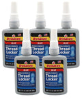 Five bottles of Blue Medium Strength Thread Locker For Metal Fasteners 1.69 Oz Bottle Removable With Hand Tools Locks Threads Tight.