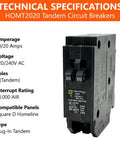 Technical specifications image of Genuine Square D HOMT2020 20/20 Amp Tandem Circuit Breaker Kit For Space Saving Dual Circuits Homeline Series OEM 120 240V Panel Upgrade Two Independent 20 Amp Circuits In One Slim Unit For Tight Panels