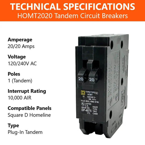 Technical specifications image of Genuine Square D HOMT2020 20/20 Amp Tandem Circuit Breaker Kit For Space Saving Dual Circuits Homeline Series OEM 120 240V Panel Upgrade Two Independent 20 Amp Circuits In One Slim Unit For Tight Panels