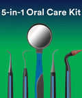Professional At Home Oral Care Kit With Mirror, Dental Pick, Scaler And Stimulator for plaque removal and tartar control, 5 tools displayed