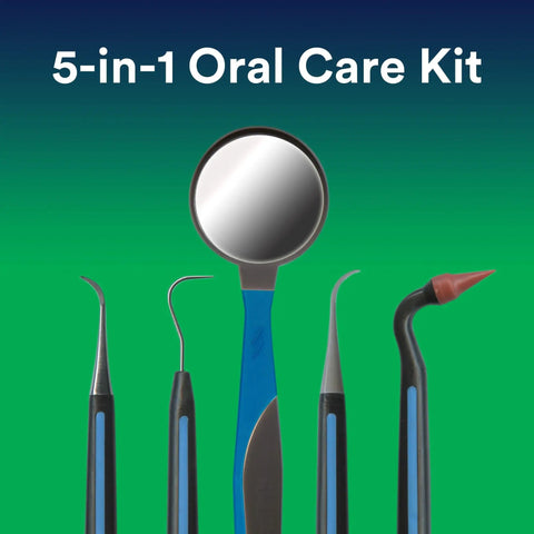 Professional At Home Oral Care Kit With Mirror, Dental Pick, Scaler And Stimulator for plaque removal and tartar control, 5 tools displayed