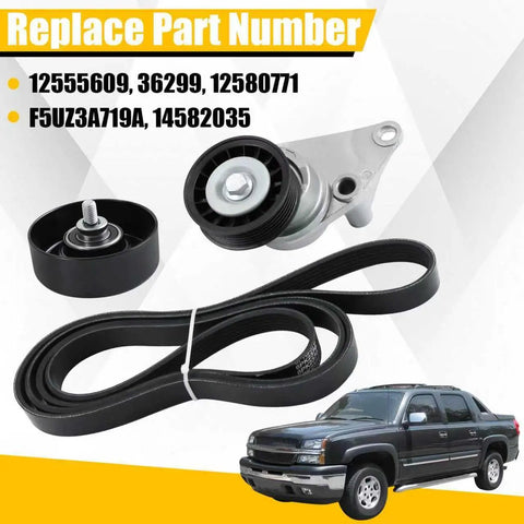 Serpentine Belt Drive Tensioner Pulley Component Kit For GM Hummer H2 Tahoe Silverado Suburban Avalanche Sierra 1500 2500 3500 2002-2008 Replacement Upgrade, belt and pulley set