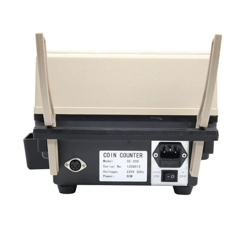 Back view of Automatic Coin Sorting Machine And Electronic Currency Counter with power settings and specifications.