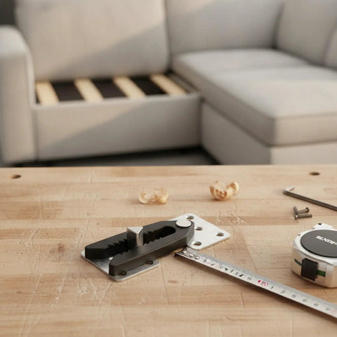 DIY Sofa Connector Clip For Modular Sectionals Plastic Furniture Buckle on wooden table with measuring tape and screws