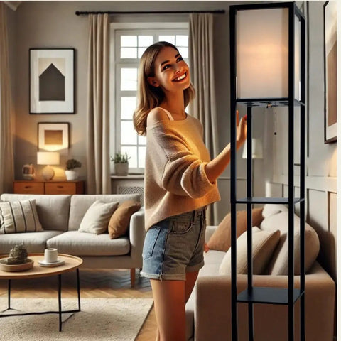Corner Floor Lamp With Shelves For Living Room And Bedroom Cozy Bookshelf Lamp With Wooden Shelves And White Cotton Linen Shade
