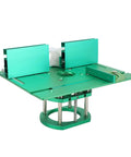 Heavy Duty Aluminum Woodworking Bench Router Lift System With Dead Nuts Precise Manual Crank for trim routers, green metal construction.