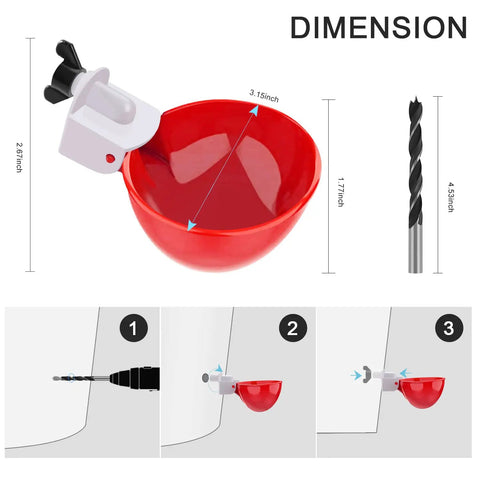 Beefed Up Automatic Chicken Waterer Cups Six Pack large red plastic water cup with mounting kit for easy setup and no mess.
