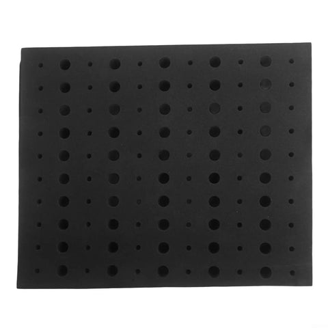 Heavy Duty Foam Router Bit Storage Organizer Tray Featuring 110 Snug Cutouts For 1/4 Inch And 1/2 Inch Shank Bits, top view of black foam tray.
