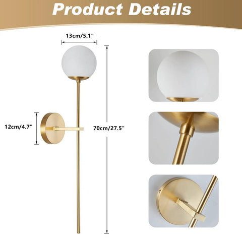 Mid Century Modern Long Wall Sconce In Brushed Brass For Bathroom Vanity Lighting Gold Globe Wall Light With White Glass Sphere Shade Antique Brass Finish Copper And Glass Sleek Dope Wall Lamp, showing dimensions and close-up details