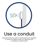 Diagram showing conduit use with Outdoor Round Surveillance Junction Box With IP66 Weatherproof Seal For 3 Screw Base Cameras Mounts.
