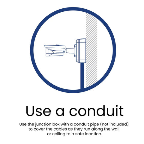 Diagram showing conduit use with Outdoor Round Surveillance Junction Box With IP66 Weatherproof Seal For 3 Screw Base Cameras Mounts.