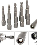 10 Piece Magnetic Nut Driver Set With 1/4 Inch Hex Shank Quick Change Adapter compatible with electric drills, showing various sizes.