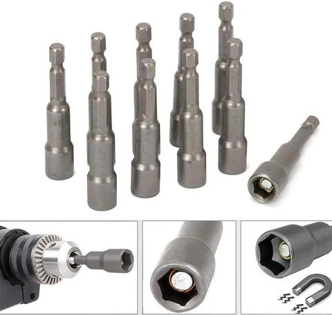 10 Piece Magnetic Nut Driver Set With 1/4 Inch Hex Shank Quick Change Adapter compatible with electric drills, showing various sizes.
