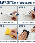 4-step process using DIY Friendly Drywall Repair Kit With Scraper And Spackle For Quick Wall Patch Mending Three Tubes Of Wall Mending Agent Nozzle Extenders And Sandpaper For Filling Holes And Cracks The Fast Drying Solution For Home Walls.
