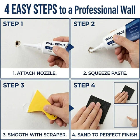 4-step process using DIY Friendly Drywall Repair Kit With Scraper And Spackle For Quick Wall Patch Mending Three Tubes Of Wall Mending Agent Nozzle Extenders And Sandpaper For Filling Holes And Cracks The Fast Drying Solution For Home Walls.