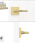 Front and side view of Dummy Lever Door Handle Set Satin Brass 5 Inch 2 Pack Quick Install For Closets And French Doors