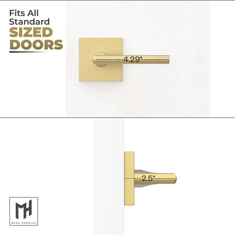 Front and side view of Dummy Lever Door Handle Set Satin Brass 5 Inch 2 Pack Quick Install For Closets And French Doors